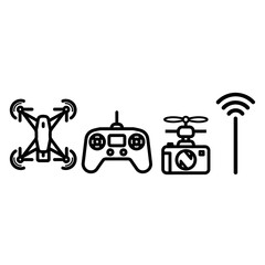 Illustration of a drone, remote control, camera drone, and a signal tower for wireless communication.