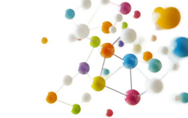 Molecular model with colored spheres connected to illustrate chemical structures and atomic bonds for educational purposes isolated on transparent background PNG