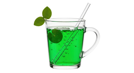 Isolated mug of green drink with lily pad and leaves, translucent glass straw, summer beverage