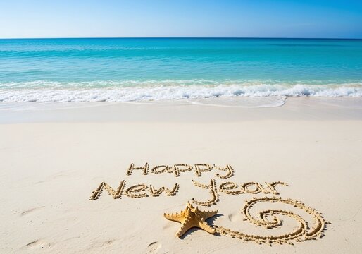 Happy New Year message written on golden tropical beach sand near clear turquoise ocean water with starfish decoration
