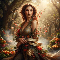 Vegan woman surrounded by colorful fruits and flowers, celebrating World Vegan Day