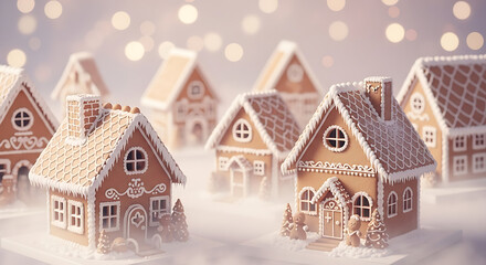 Gingerbread house village with snowy details and bokeh lights
