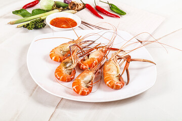Boiled tiger prawn with sauce