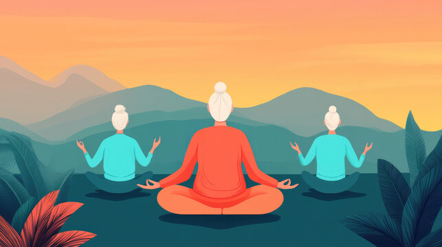 Meditating individuals in landscape, practicing mindfulness and yoga. warm sunset creates peaceful , enhancing their focus and ity