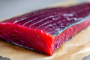 Vibrant Slice of Raw Fish: A close up of ruby-red fillet resting on brown parchment.