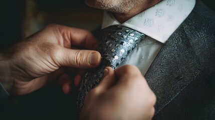 Man adjusting his tie before an important event
