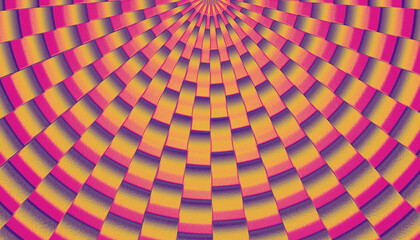 Vibrant psychedelic optical illusion pattern with radiating geometric shapes and bright color gradients