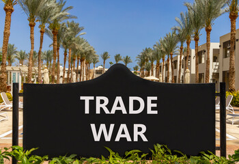 Trade war symbol. Concept word Trade war on beautiful black road sign. Beautiful palm trees and...