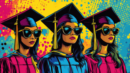 Graduates in caps and gowns wearing sunglasses, celebrating achievement with vibrant colors and artistic flair. image captures joy of graduation day