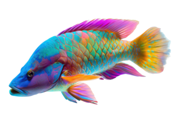Colorful Fish Underwater: A vibrant and surreal underwater scene, showcases an intricately detailed fish with a spectrum of rainbow hues gracefully swimming through the deep blue ocean.