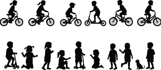 Children silhouette illustration, kids riding bikes and scooters, outdoor play activity, black vector design, childhood motion, playful youth, white background