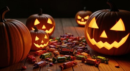 Halloween pumpkin and chocolate ,A close-up, low-angle shot features four illuminated jack-o'-lanterns arranged around a pile of various wrapped Halloween candies on a dark wooden surface. 