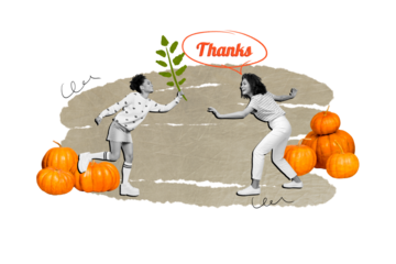 Composite photo collage of two happy american girls thanksgiving holiday greeting plant pumpkin harvest isolated on painted background