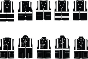 Vest, Safety, Protection, Reflective, Worker, Labor, Job, Construction, Industrial, Road, Traffic, Secure, Gear, Equipment, Uniform, Apparel, Vector, Icon, Illustration, Silhouette