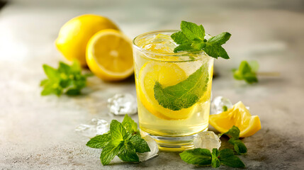 Fototapeta premium glass of lemonade with lemon with ice and mint mojito cocktail