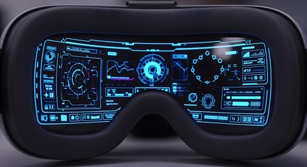 Advanced Virtual Reality Headset Displaying a Futuristic Digital Interface with Glowing Blue Holographic Elements and Data Visualizations