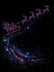 An illustration of Santa Claus flying through a starry night sky filled with galaxies and cosmic elements, spreading holiday cheer.