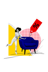 Vertical collage picture young woman furniture sale discount retail bargain shopaholic woman checkered background low price