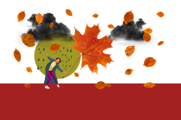 Composite photo collage of happy girl dance autumn rain drop cyclone storm foliage season umbrella leaves isolated on painted background
