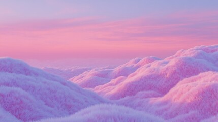 Surreal pastel hills with fur-like digital textures glowing at pink sunset dreamscape