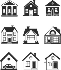 Set of Nine House Icons in Solid and Outline Styles Representing Residential Homes, Bank, Garage, and Architectural Structures, Real Estate Vector Illustration Collection.