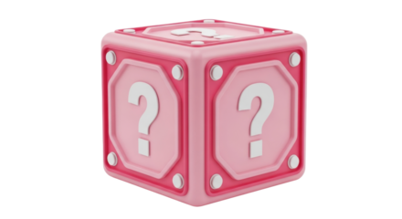 Isolated pink mystery box with question marks, 3d render, iconic, gaming nostalgia