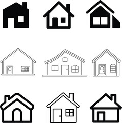 Set of Nine House Icons in Three Different Styles, Including Solid Silhouette, Thick Outline, and Thin Line Art, Home and Real Estate Vector Illustration Collection.
