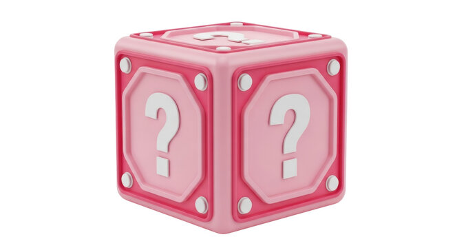 Isolated pink mystery box with question marks, 3d render, iconic, gaming nostalgia