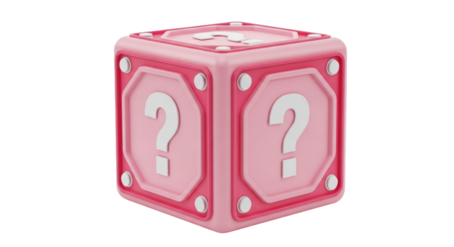Isolated pink mystery box with question marks, 3d render, iconic, gaming nostalgia