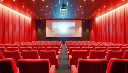 Fototapeta premium Empty red movie theater with a large screen and bright lights 