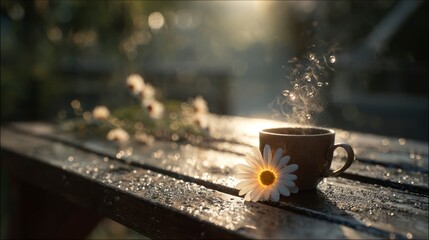 Morning cup of coffee with flowers