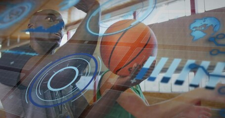 coach explaining grip stance triggers HUD overlay guiding player on court in basketball shooting - Powered by Adobe