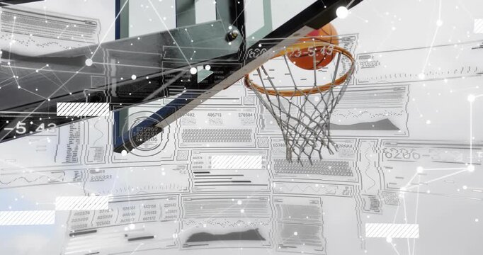 Arm entering frame lifting basketball through rim with net stretching on backdrop showing analytics