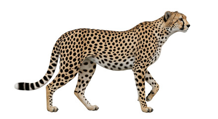 Isolated cheetah walking slowly forward, side view, tan fur with black spots, alert and focused