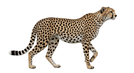 Isolated cheetah walking slowly forward, side view, tan fur with black spots, alert and focused