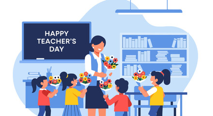 flat style illustration of school items, books, globe, and flowers with text Happy Teacher’s Day, symbolizing education, learning, gratitude, and celebration in a cheerful academic design