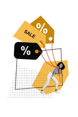 Composite trend artwork sketch image 3D photo collage of sale low price bargain buyer sell young lady hold rope walk effort banner percent
