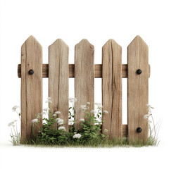 Fototapeta premium rustic wooden garden fence with pointed tops, surrounded by green grass and white flowers, adds charm to outdoor spaces. This decorative element any garden setting