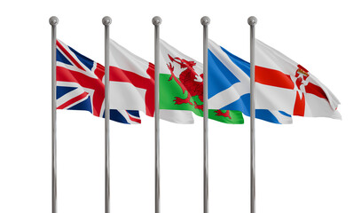 Obraz premium all flags of the united kingdom flag flying, transparent background