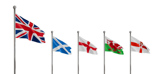 all flags of the united kingdom flag flying, transparent background