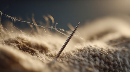 Needle in knitted fabric closeup