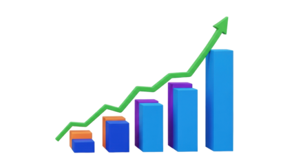 Isolated 3D illustration of growth and upward trend, with bars and rising green arrow graph