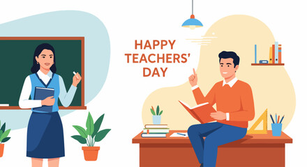 flat style illustration of teachers in a classroom celebrating Teacher’s Day with books, chalkboard, and globe, symbolizing education, learning, and appreciation in a vibrant academic environment