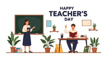 flat style illustration of teachers in a classroom celebrating Teacher’s Day with books, chalkboard, and globe, symbolizing education, learning, and appreciation in a vibrant academic environment