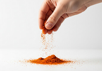 Hand gently sprinkling vibrant red spice powder creating a culinary art piece on clean white surface for delicious recipe preparation
