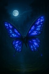 Runic butterfly with glowing blue wings hovering in moonlit enchanted forest