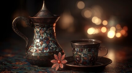 Ornate copper teapot and cup