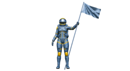 Isolated astronaut waves flag in space suit after planetary landing achievement mission