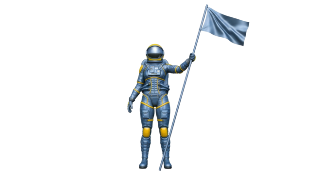 Isolated astronaut waves flag in space suit after planetary landing achievement mission