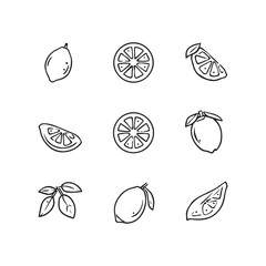Flat Lemon Vector Icon Set – Minimal Citrus Fruit Symbols for Web, App, and Food Design